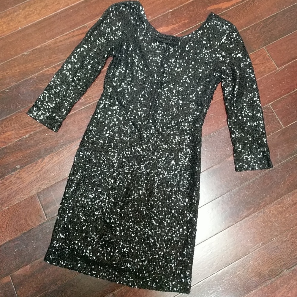 Sequin Long Sleeve Low Back Mini Dress - Black